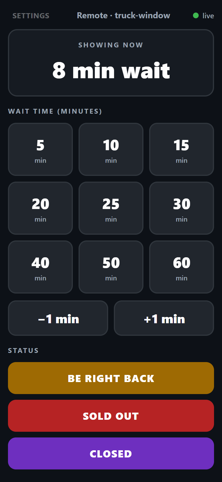 The phone remote: the current wait at the top, a grid of one-tap presets from 5 to 60 minutes, plus and minus buttons, and Be right back, Sold out and Closed buttons